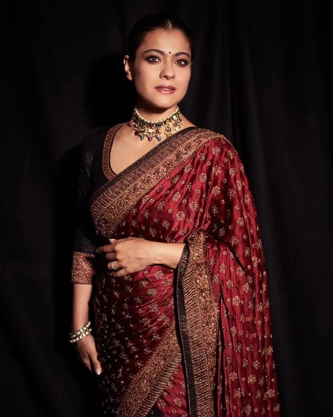 Kajol Devgan Photos In Maroon Saree Blouse